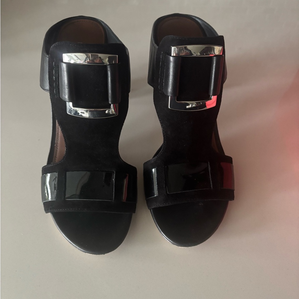 Donald J. Pliner Black Heeled Sandals with Silver Accents